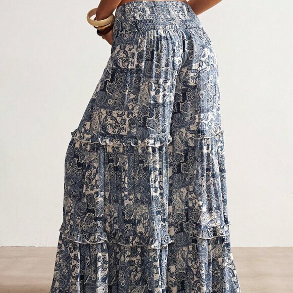 Blue Boho Women's Paisley Print Ruffled Wide Leg Pants - Picture 5 of 7